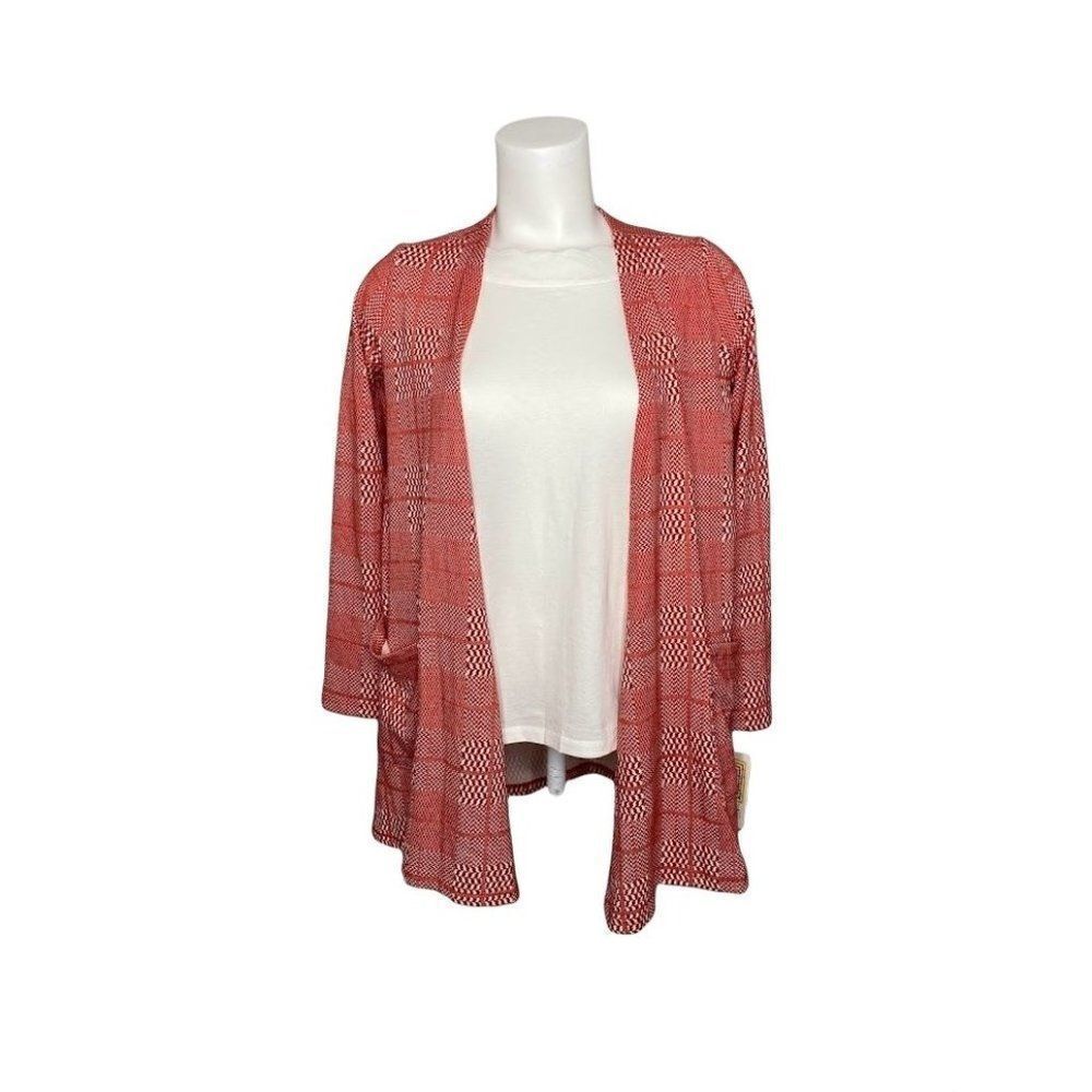 LuLaRoe Caroline Cardigan Red White Check Plaid Soft Pockets Small NEW